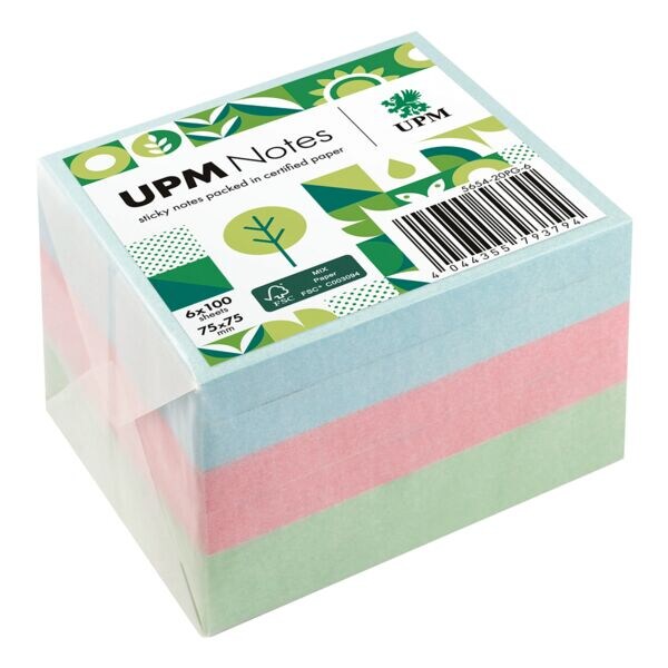 6x UPM Herkleefbare notes 5654-20PG-6 in pergamijn verpakt 7,5 x 7,5 cm, 600 bladen (totaal)