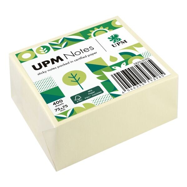 UPM blok herkleefbare notes geel 5820-01PG 7,5 x 7,5 cm 400 bladen (totaal) verpakt in glas