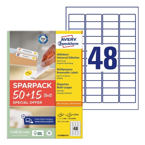 Avery Zweckform Universele etiketten verwijderbaar wit 45,7x21,2 mm 3120 stuks L4736REV-65 Avery Zweckform Universele etiketten verwijderbaar wit 45,7x21,2 mm 3120 stuks L4736REV-65