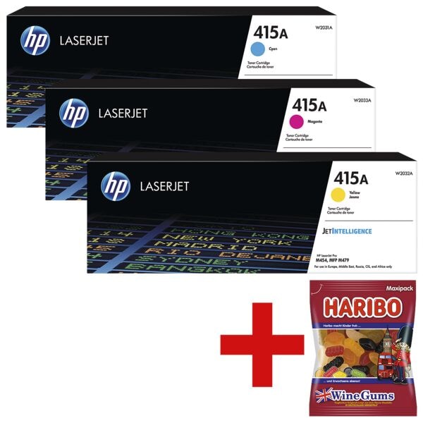HP Set van 3 toners »HP 415A« cyaan / magenta / geel incl. fruitgom »Wine Gums« HP Set van 3 toners »HP 415A« cyaan / magenta / geel incl. fruitgom »Wine Gums«
