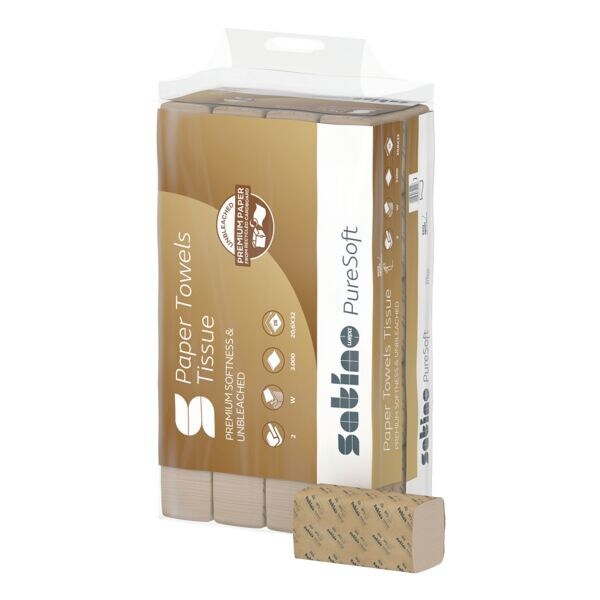 Papieren handdoekjes Satino PureSoft PureSoft 2-laags, natuur, 20,6 cm x 32 cm van 100% gerecycleerd papier met I-vouw - 3000 bladen (totaal)