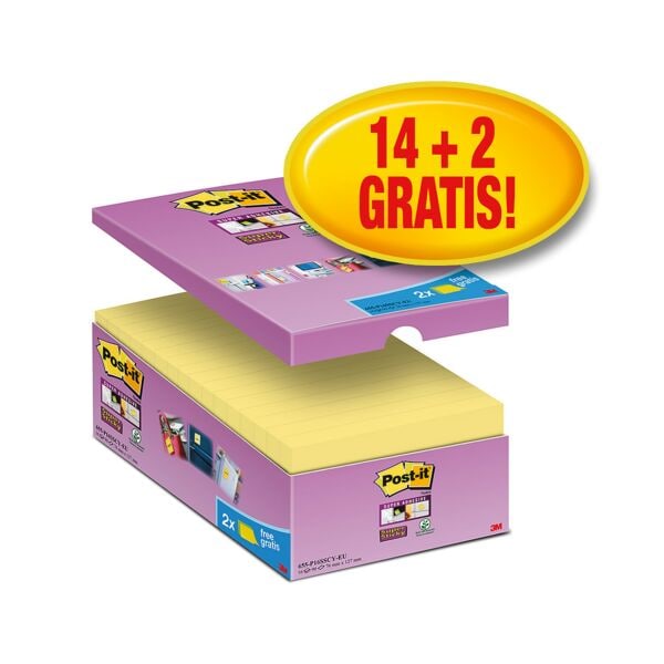Post-it Super Sticky blok herkleefbare notes  Super Sticky Notes 12,7 x 7,6 cm, 1440 bladen (totaal), geel 65516SYP