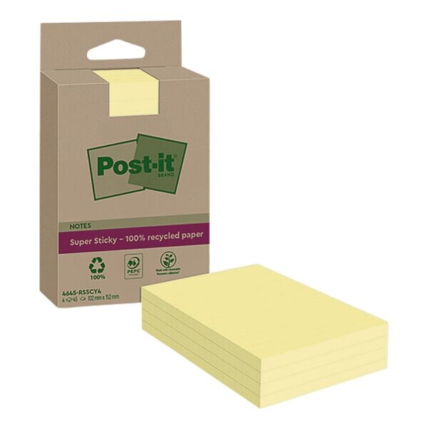 Post-it Notes Herkleefbare notes Super Sticky Recycling Notes 10,2 x 15,2 cm, 180 bladen (totaal), geel Post-it Notes Herkleefbare notes Super Sticky Recycling Notes 10,2 x 15,2 cm, 180 bladen (totaal), geel