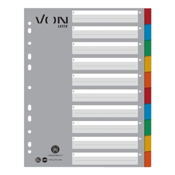 VON by Leitz tabbladen extra breed, 1-10 10-delig, grijs / meerkleurige tabs, karton