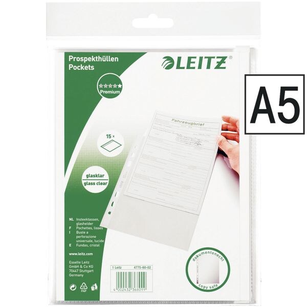 LEITZ folderhoesje 4775 A5 glashelder, bovenaan open - 15 stuk(s)