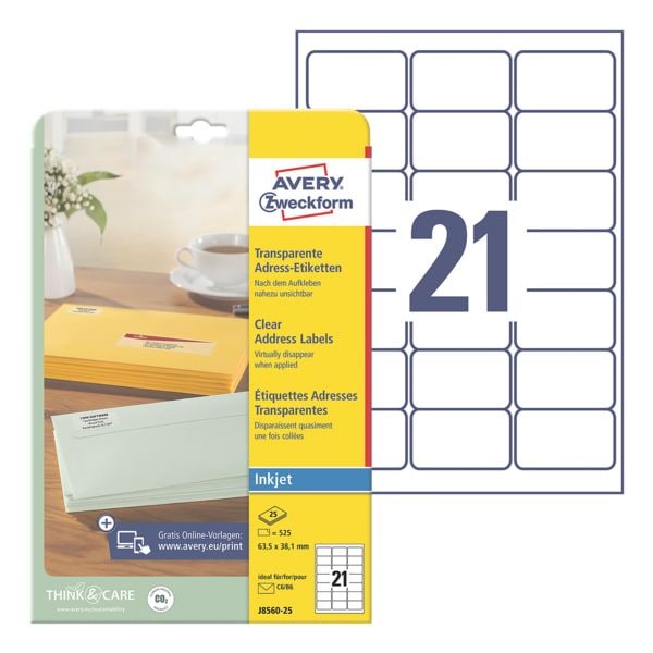 Avery Zweckform Transparante adresetiketten �J8560-25� 63,5x38,1 mm Inkjet