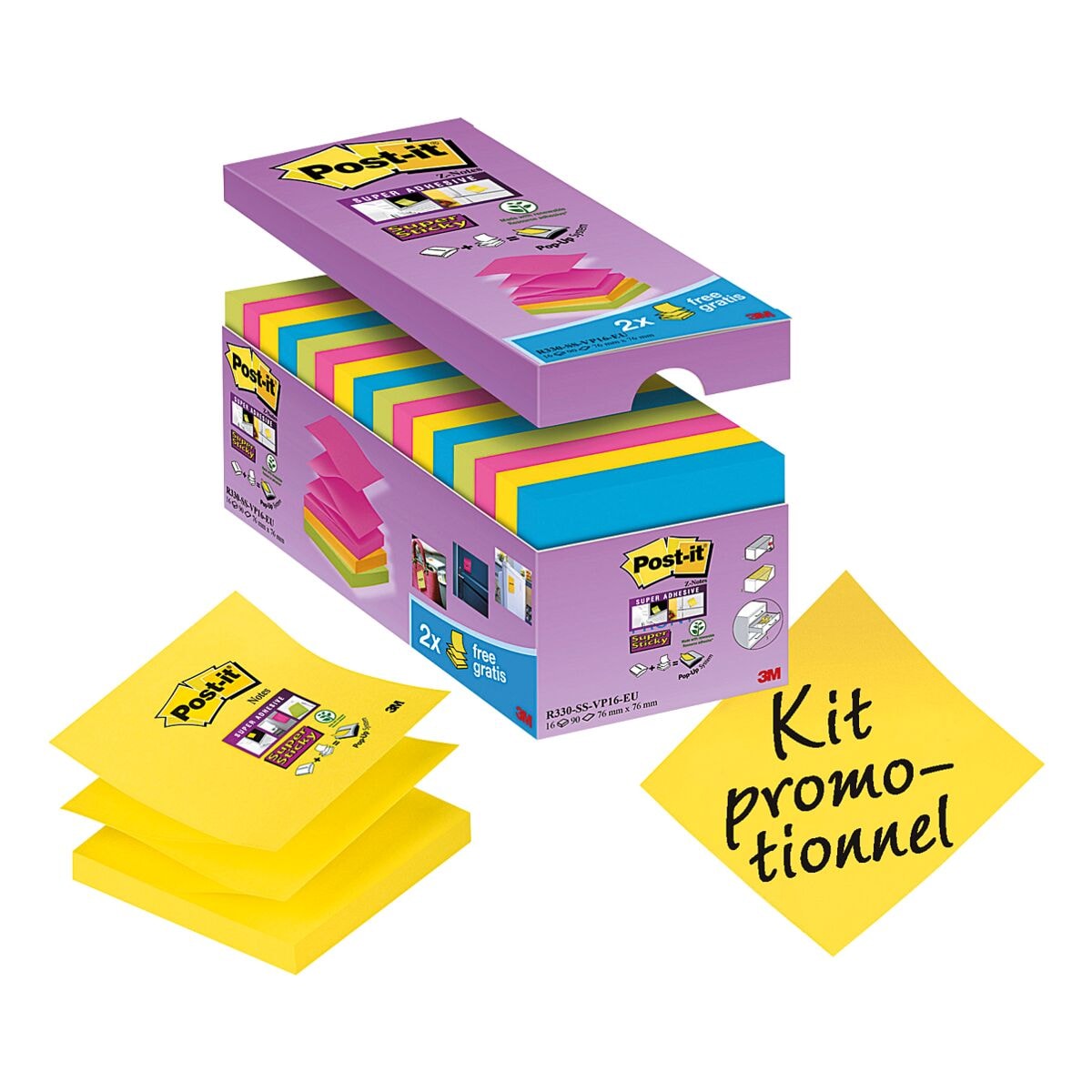 14+2 Post-it Super Sticky bloc de notes repositionnables Z-Notes 7,6 x 7,6 cm, 1440 feuilles au total, couleurs assorties, pliage Z