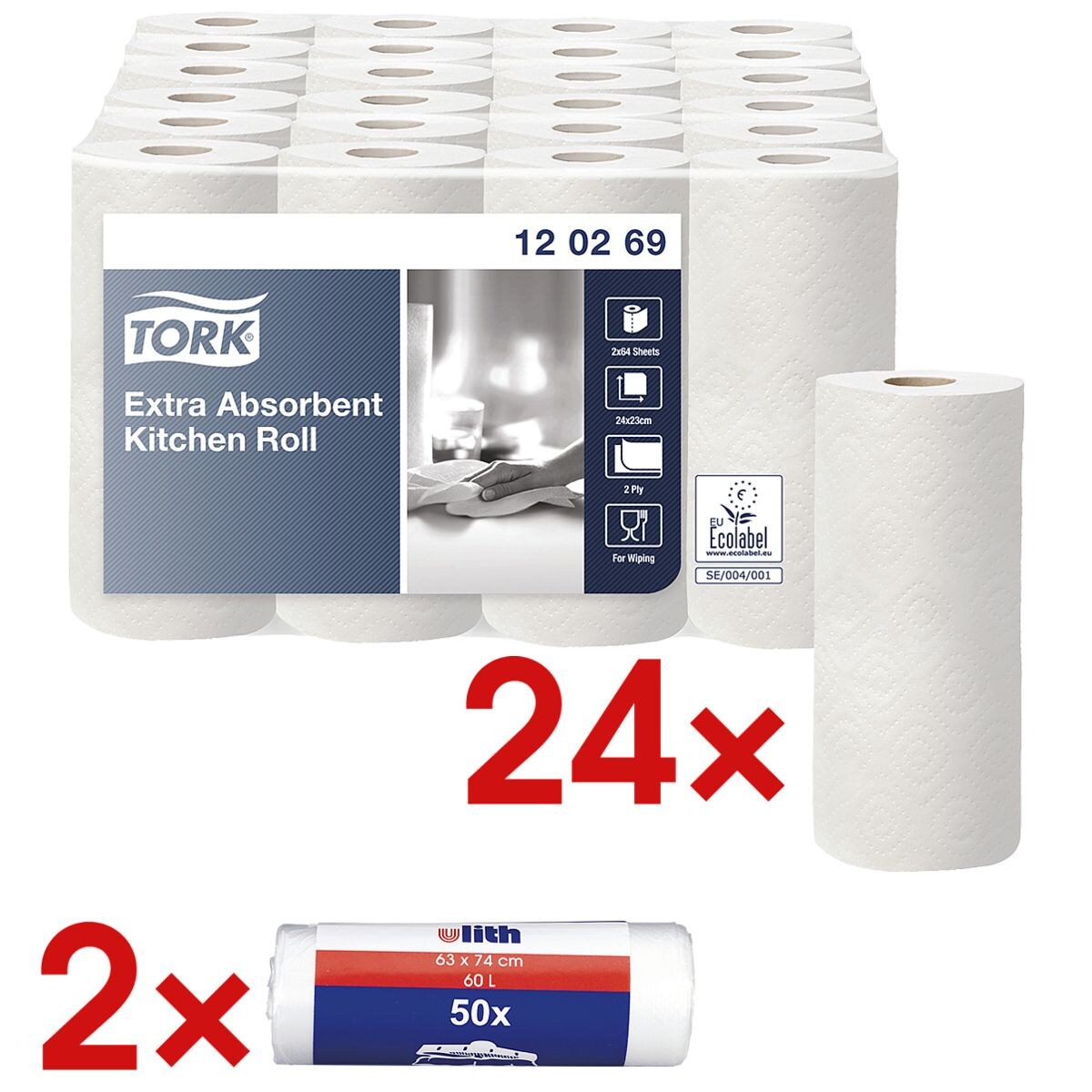 Tork Rouleaux d'essuie-tout double épaisseur 24 rouleaux (12 paquets de 2 rouleaux) avec 100 (2 rouleaux de 50 pièces) sacs poubelle