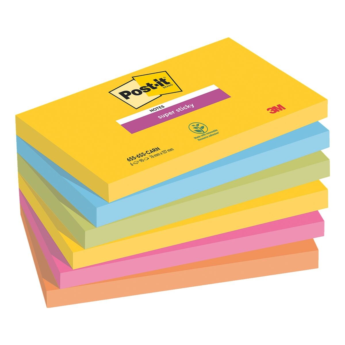 6x Post-it Super Sticky bloc de notes repositionnables Carnival Collection 7,6 x 12,7 cm, 540 feuilles au total, couleurs assorties 655-6SS-CARN