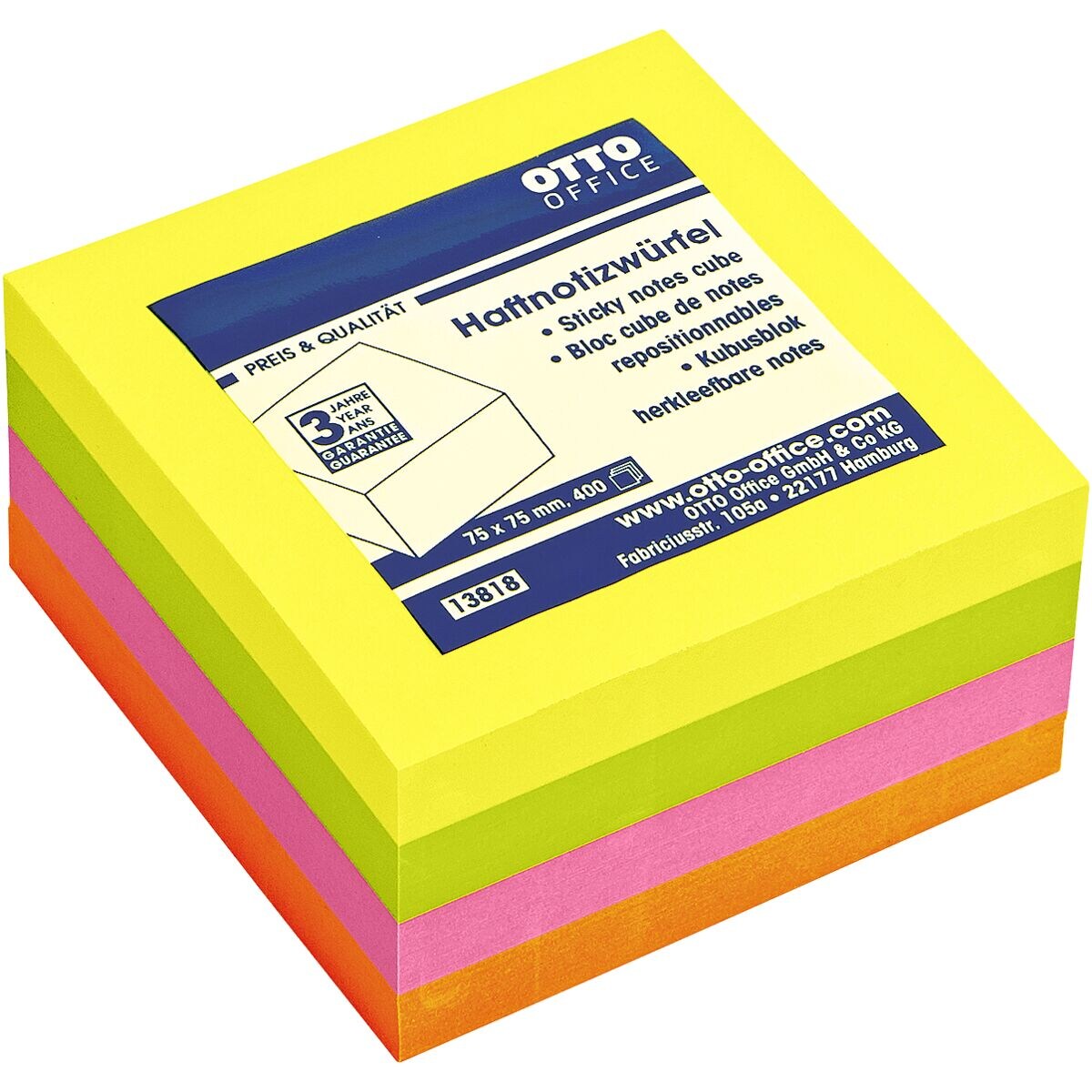 OTTO Office Bloc cube de notes repositionnables 4 couleurs fluo 75x75 mm 400 feuilles
