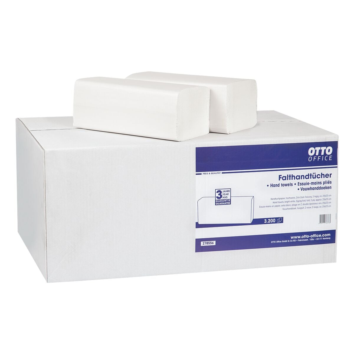 Essuie-mains en papier OTTO Office Standard 2 paisseurs, blanc, 25 cm x 23 cm de Ouate de cellulose avec pliage en Z - 3200 feuilles au total