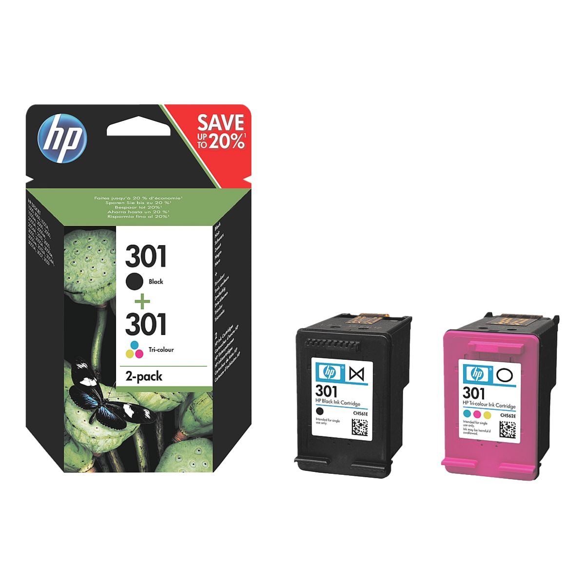 HP Lot de 2 cartouche d'encre HP 301 paquet multiple, noir/ 3 couleurs - N9J72AE