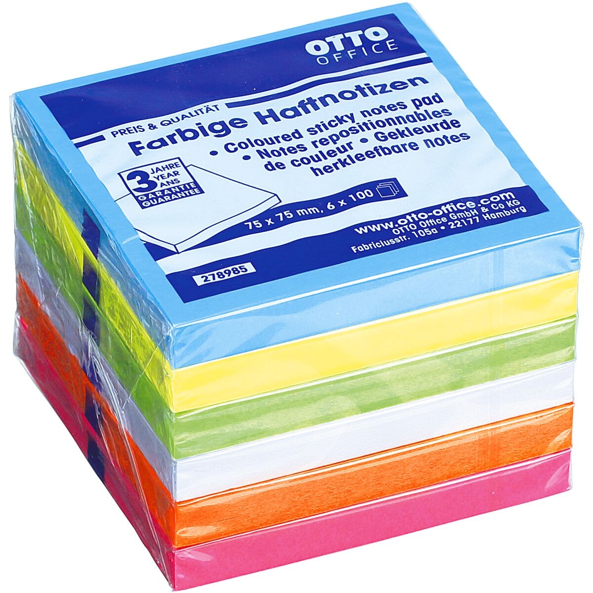 6x OTTO Office bloc de notes repositionnables 7,5 x 7,5 cm, 600 feuilles au total, couleurs assorties
