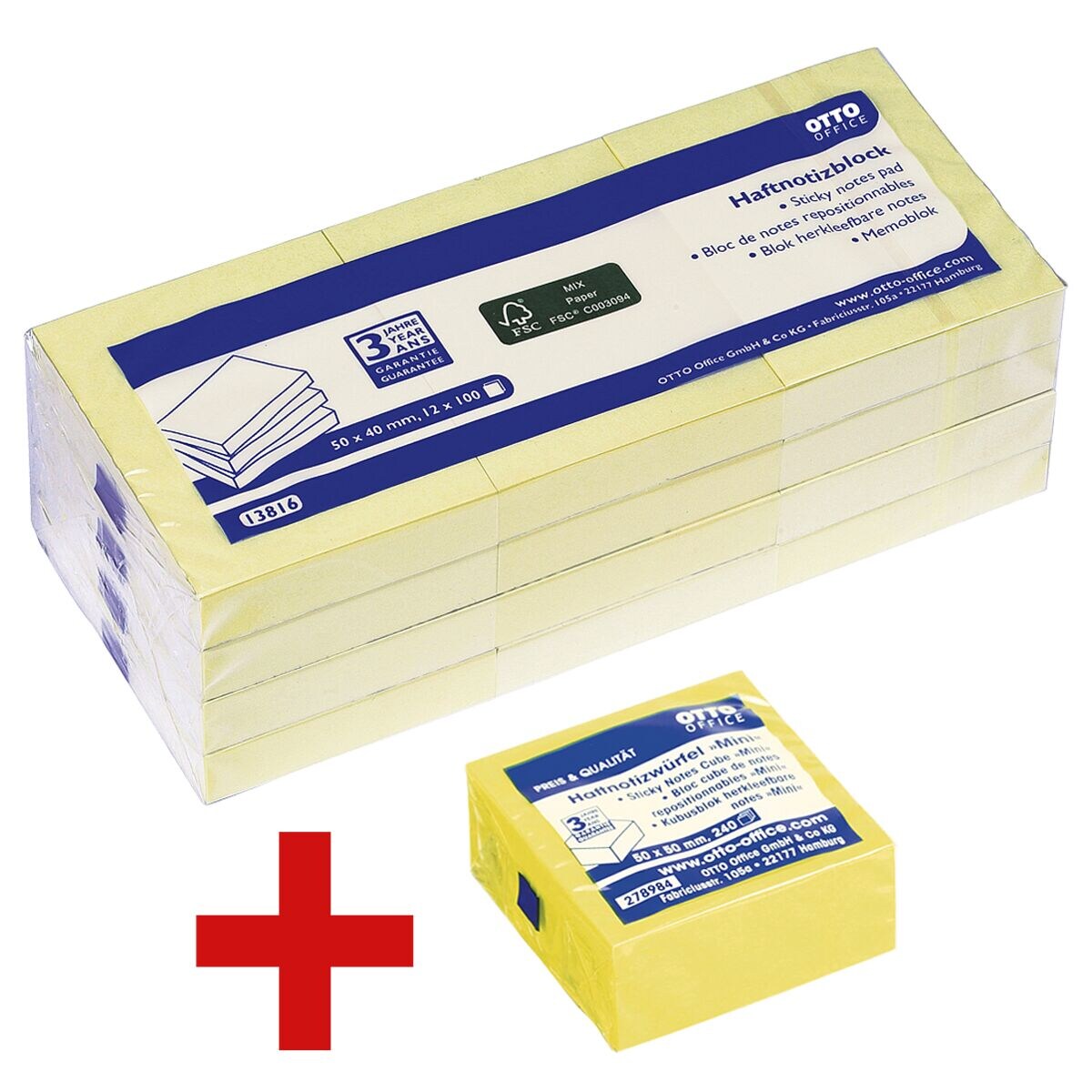 12x OTTO Office bloc de notes repositionnables 5 x 4 cm, 1200 feuilles au total, jaune avec Bloc cube de notes repositionnables 50x50 mm « Mini » jaune brillant