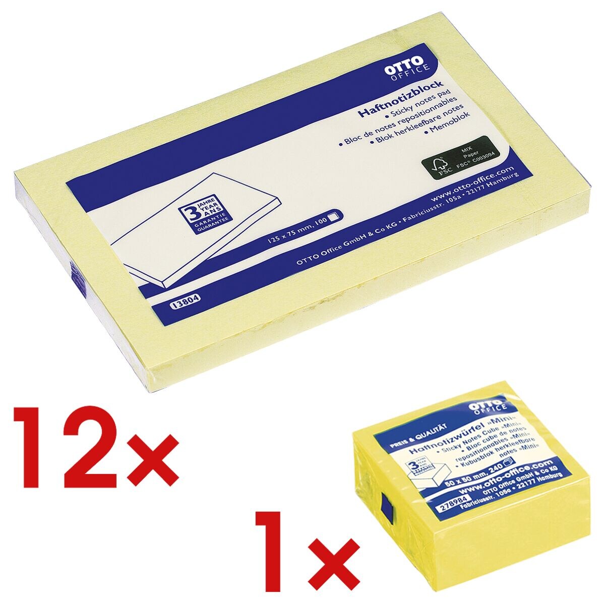 12x OTTO Office bloc de notes repositionnables 12,5 x 7,5 cm, 1200 feuilles au total, jaune avec Bloc cube de notes repositionnables 50x50 mm « Mini » jaune brillant
