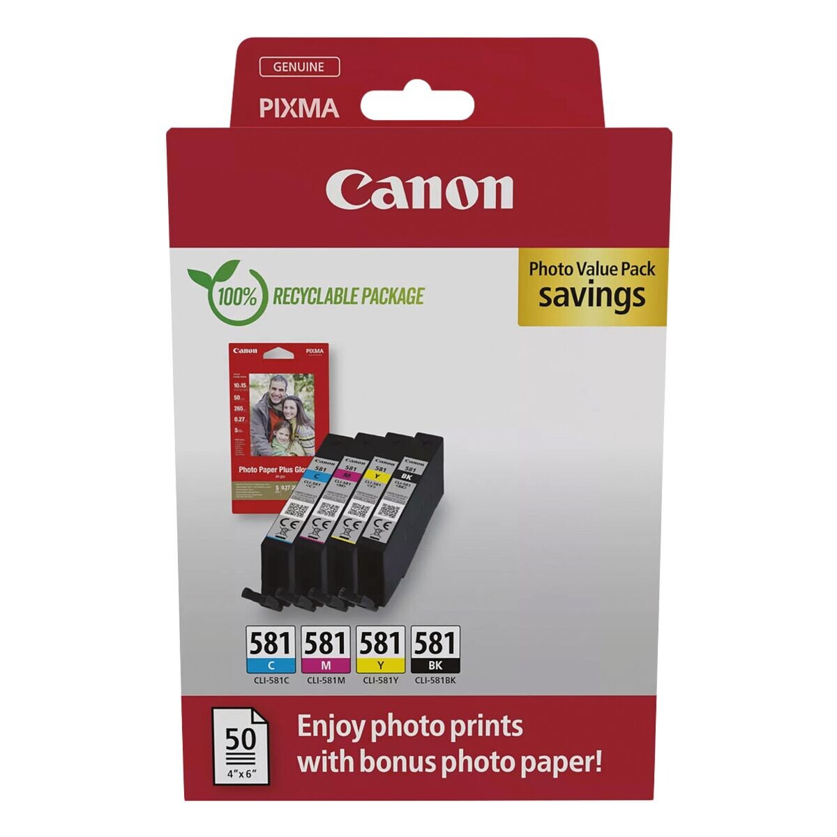 Canon Photo Value Pack : lot de cartouches d'encre  CLI-581 BK/C/M/Y  + 50 feuilles papier photo glac