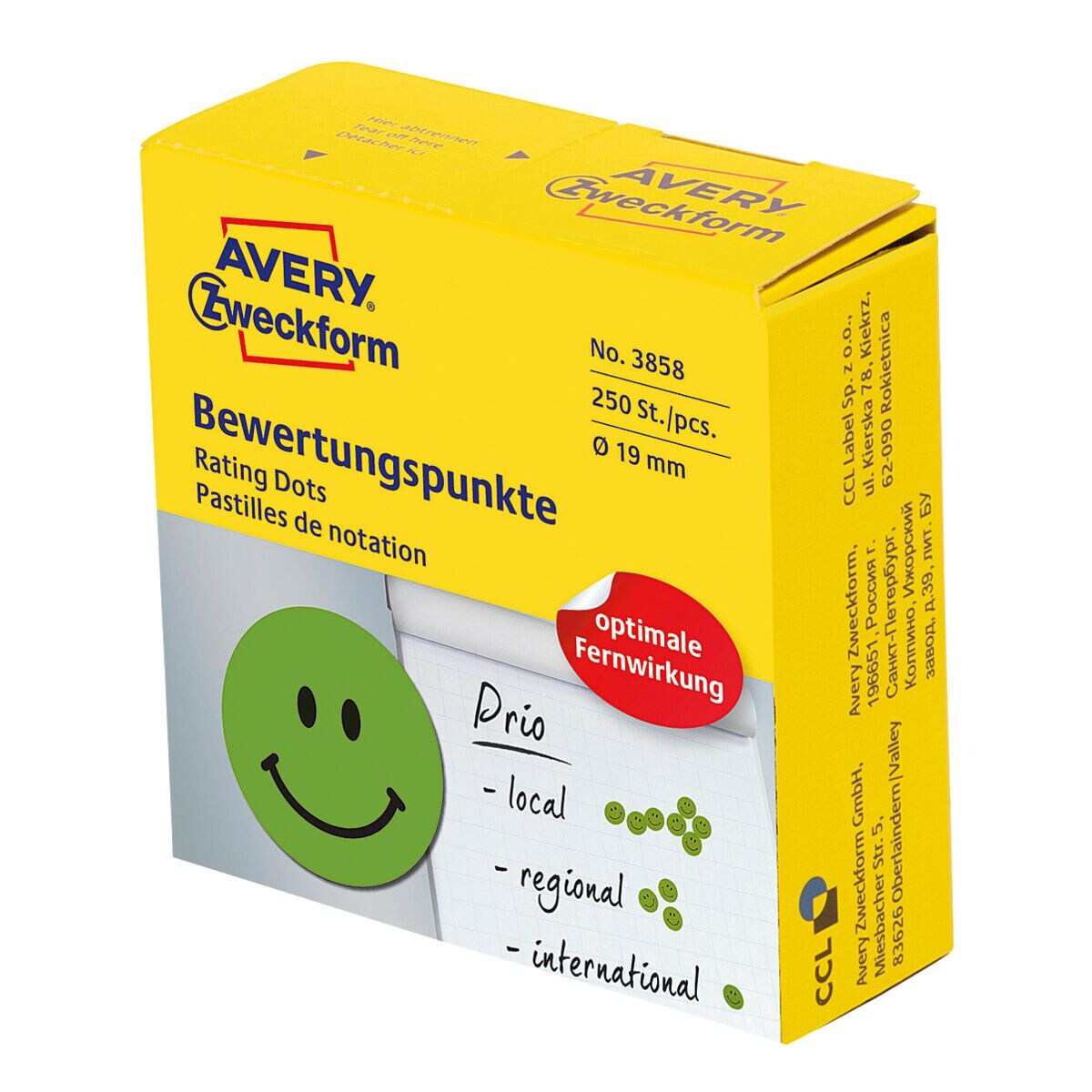 Avery Zweckform Pastilles de notation « Visage » 19 mm vert dans un distributeur