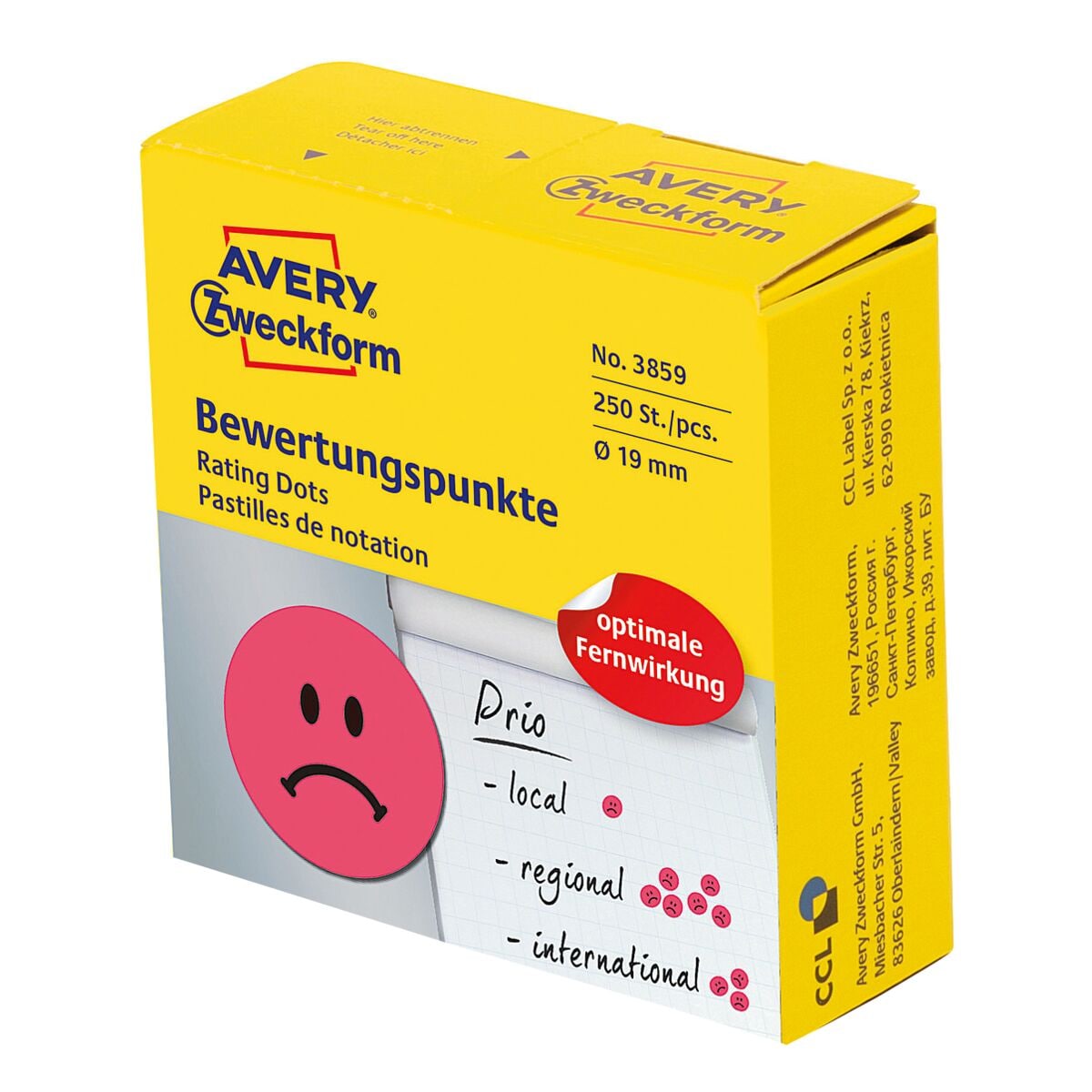 Avery Zweckform Pastilles de notation « Visage » 19 mm rouge dans un distributeur