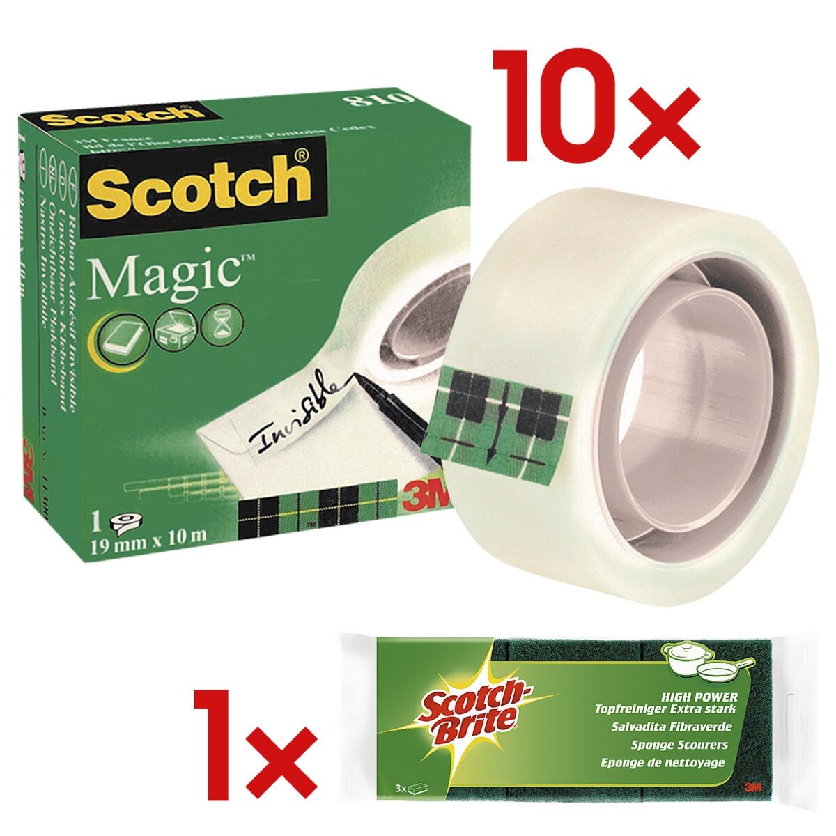 10x Scotch ruban adhésif Magic Tape 810, transparent/résistant à la chaleur, 10 pièce(s) avec Éponges