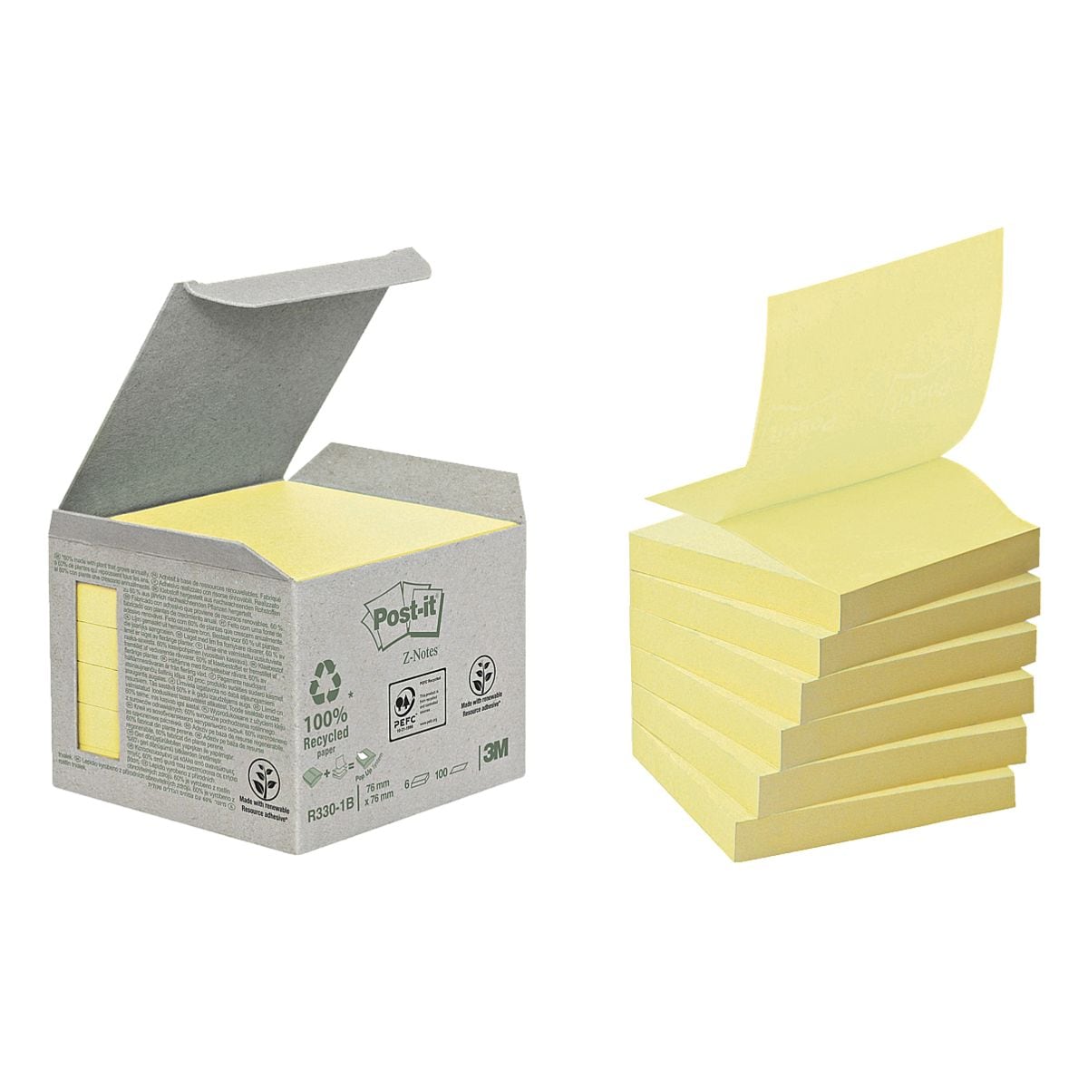 6x Post-it Notes (Recycle) bloc de notes repositionnables Recycling Z-Notes 7,6 x 7,6 cm, 600 feuilles au total, jaune