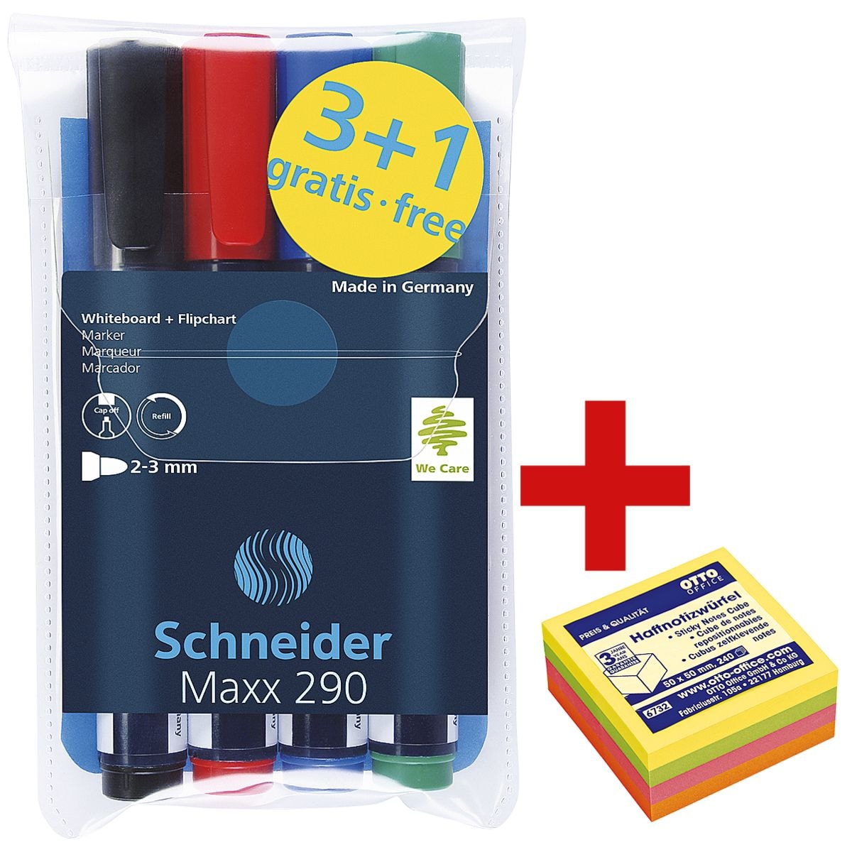 Schneider tui de 4 feutres pour tableau blanc et flipchart  Maxx 290  avec bloc cube de notes repositionnables 50x50 mm  mini  quatre couleurs fluo