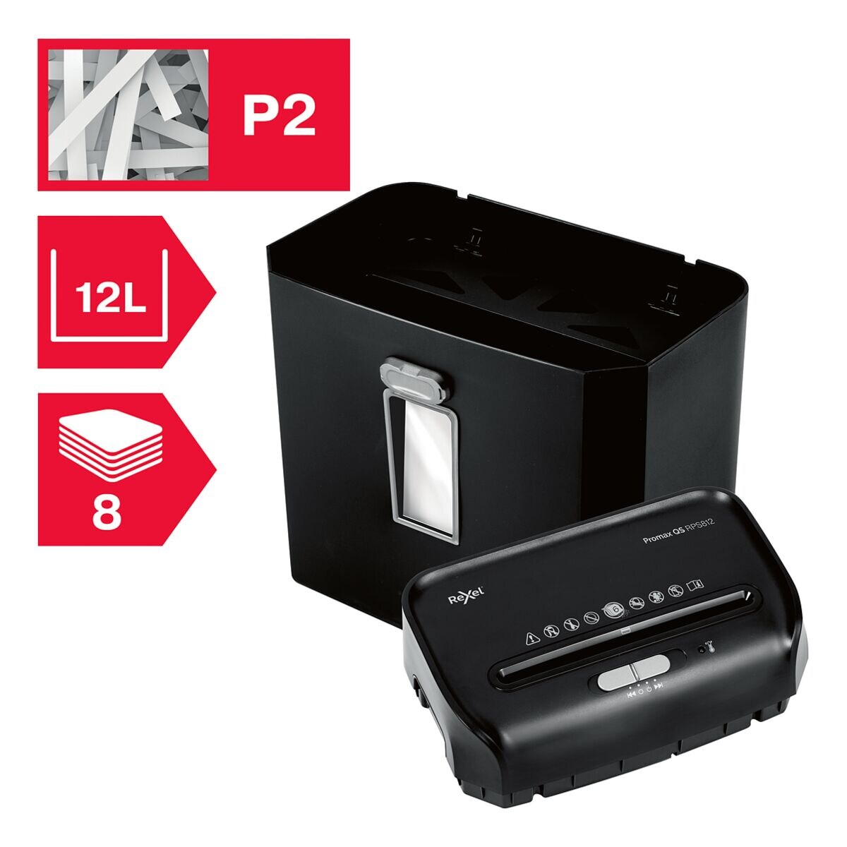 destructeur de documents Rexel Promax RPS812, Niveau de sécurité 2, coupe « fibres » (6 mm), jusqu’à 8 feuille(s)