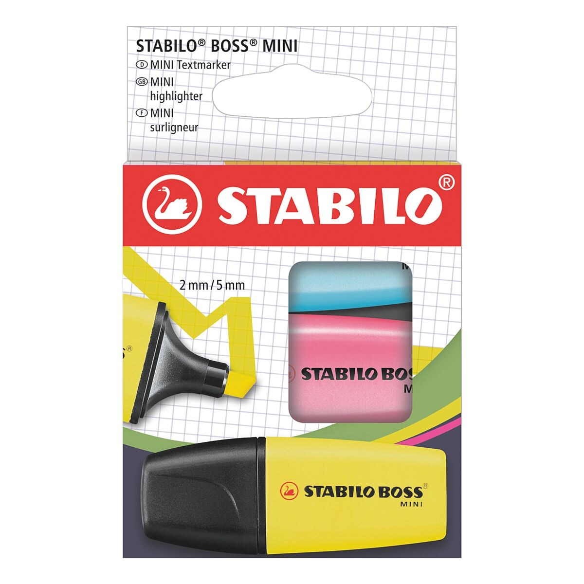 3x STABILO Surligneur Boss® Mini jaune / bleu / rose vif, pointe biseaute