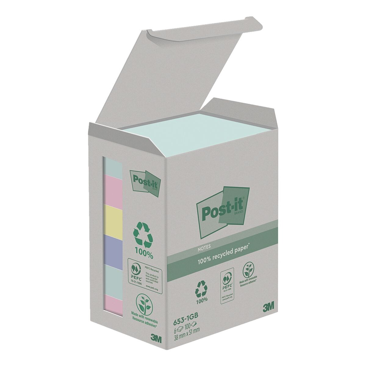 6x Post-it Notes (Recycle) bloc de notes repositionnables Recycling Notes 5,1 x 3,8 cm, 600 feuilles au total 653-1GB