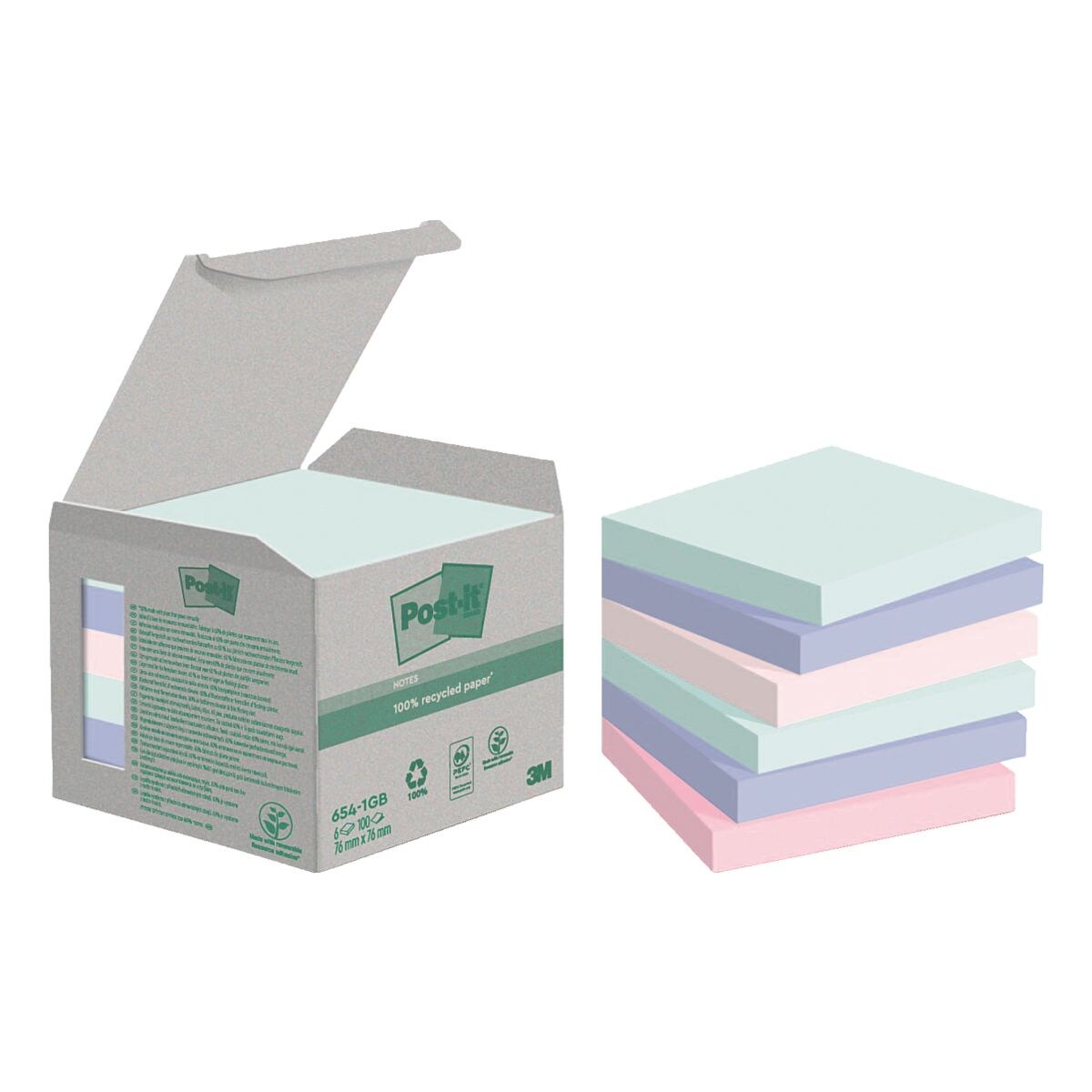 6x Post-it Notes (Recycle) bloc de notes repositionnables Recycling Notes 7,6 x 7,6 cm, 600 feuilles au total 654-1GB