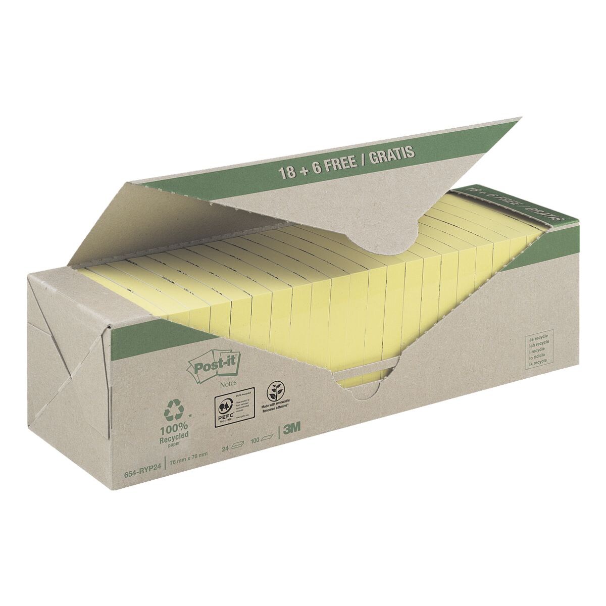 Notes repositionnables « Recycling Notes » 76 x 76 mm - 24 blocs jaunes
