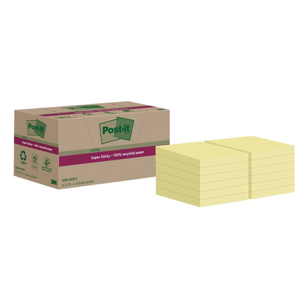 Post-it Super Sticky Recycling notes repositionnables Super Sticky Recycling Notes 4,76 x 4,76 cm, 840 feuilles au total, jaune