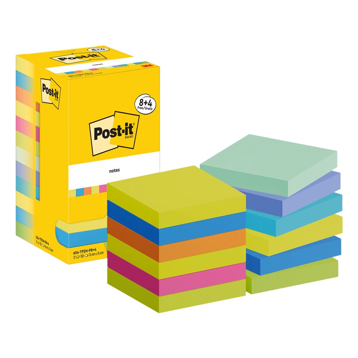 8+4x Post-it Notes bloc de notes repositionnables notes 654-TFEN-P8+4 7,6 x 7,6 cm, 1200 feuilles au total