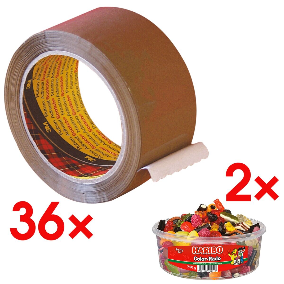 36x ruban adhésif d'emballage Scotch Premium, 50 mm de large, 66 m de longueur avec 2x Bonbons gélifiés « Color-Rado » Party Box 750 g