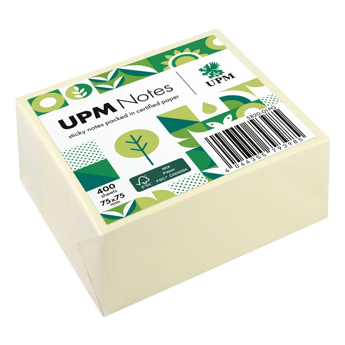UPM bloc cube de notes repositionnables jaune 5820-01PG 7,5 x 7,5 cm 400 feuilles au total emballé sous pergamine