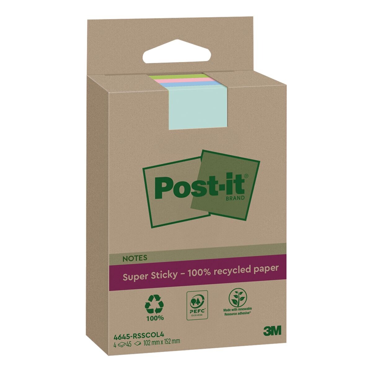 Post-it Notes notes repositionnables Super Sticky Recycling Notes 10,2 x 15,2 cm, 180 feuilles au total, couleurs assorties