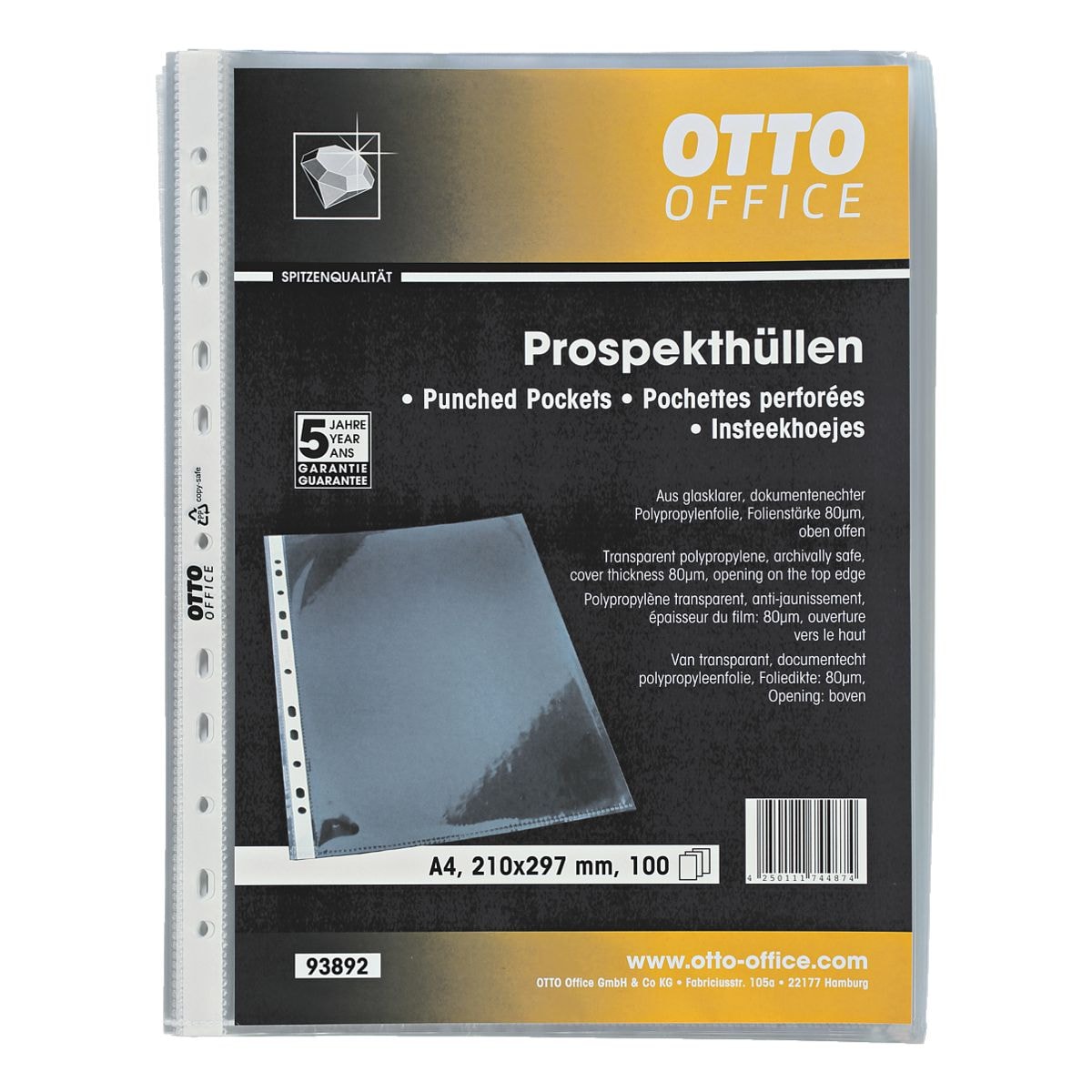 OTTO Office Premium pochette perfore Premium A4 transparent, ouverture en haut - 100 pice(s)