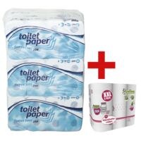 wepa papier toilette 3 épaisseurs, ultra blanc - 72 rouleaux (9 paquets de 8 rouleaux) avec 6 rouleaux d'essuie-tout triple épaisseur en « Big Pack » XXL
