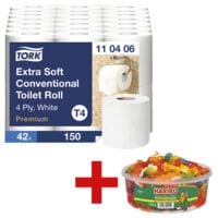 Tork papier toilette Premium Extra Soft 4 paisseurs, blanc - 42 rouleaux (7 paquets de 6 rouleaux) avec Bonbons glifis  Phantasia  Party Box 750 g