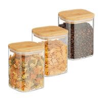 relaxdays Lot de 3 bocaux  provisions avec couvercle en bambou angles 900 ml
