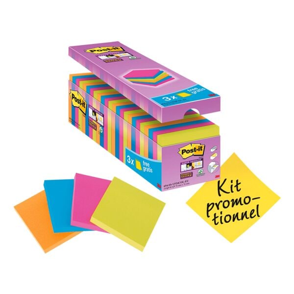 21+3 Post-it Super Sticky bloc de notes repositionnables Notes 7,6 x 7,6 cm, 2160 feuilles au total, couleurs assorties