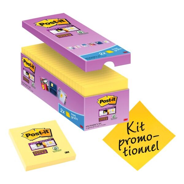 14+2 Post-it Super Sticky bloc de notes repositionnables Notes 7,6 x 7,6 cm, 1440 feuilles au total, jaune