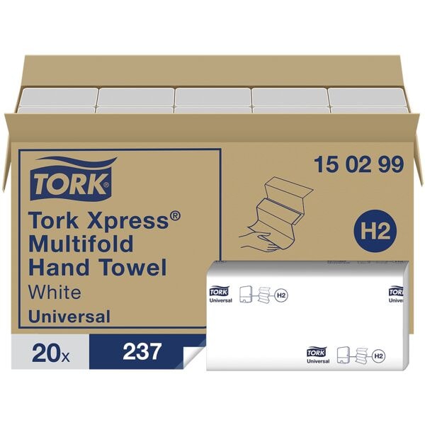 Essuie-mains en papier Tork 150299 2 paisseurs, blanc, 21 cm x 23 cm de Ouate de cellulose avec pliage en I - 4740 feuilles au total