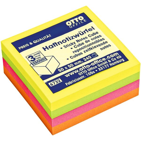 OTTO Office Bloc cube de notes repositionnables 50x50 mm  Mini  quatre couleurs fluo