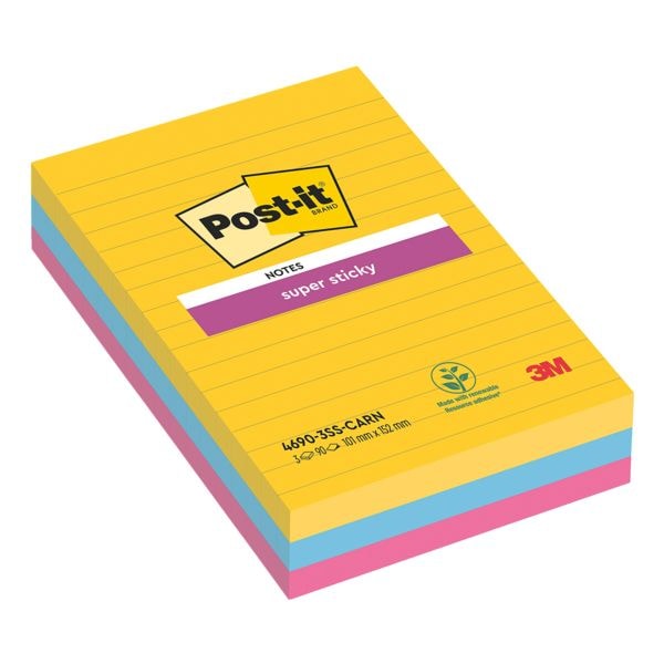 3x Post-it Super Sticky bloc de notes repositionnables Carnival Collection à lignes 15,2 x 10,1 cm, 270 feuilles au total, couleurs assorties 4690-3SS-CARN