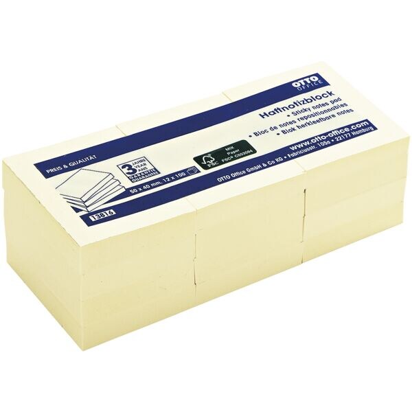 12x OTTO Office bloc de notes repositionnables 5 x 4 cm, 1200 feuilles au total, jaune