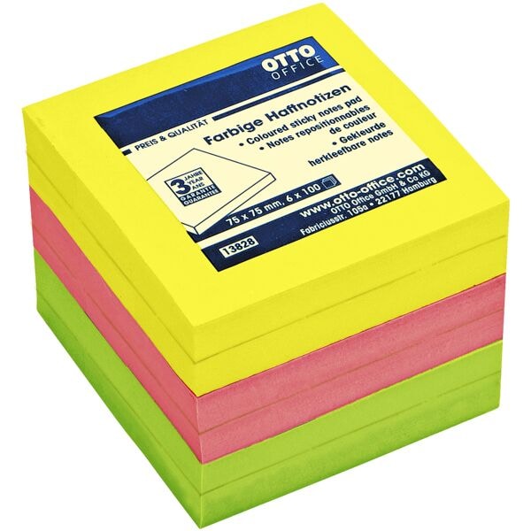6x OTTO Office bloc de notes repositionnables 7,5 x 7,5 cm, 600 feuilles au total, couleurs assorties