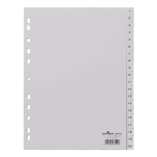 Durable intercalaires, A4, 1-20 20 divisions, gris, plastique