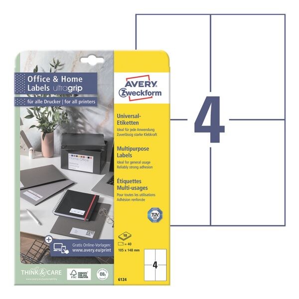 Avery Zweckform tiquettes universelles A6 blanches permanentes 148x105 mm 40 pices Office & Home 6124 avec ultragrip