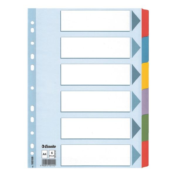 Esselte intercalaires, A4, neutre 6 divisions, blanc / onglets multicolores, carton