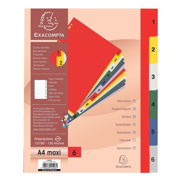 Exacompta intercalaires, A4 extra large, 1-6 6 divisions, multicolores, plastique
